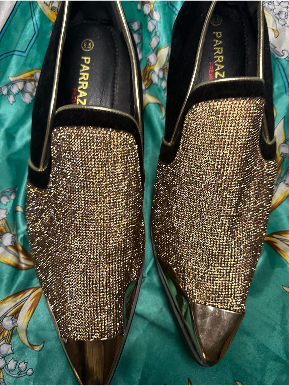 Parrazo Men's Black Velvet & Gold Rhinestone Smoking Loafers 8.5 Wedding|Tuxedo.